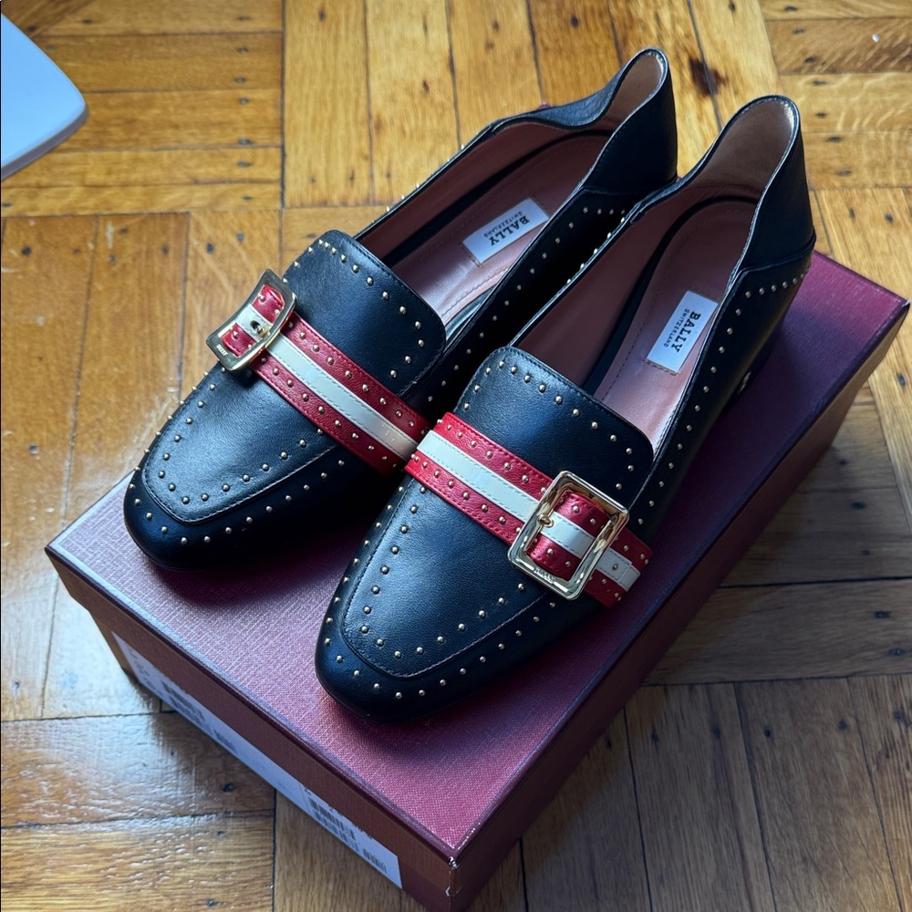 Bally Navy Blue Loafers with Red and Gold Accents